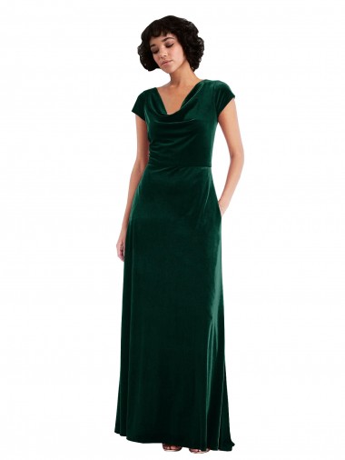 Cap Sleeves Cowl Neck Stretch Velvet Dark Green Long Black Tie Evening Gown / Prom Dress / Bridesmaid Dress Bath