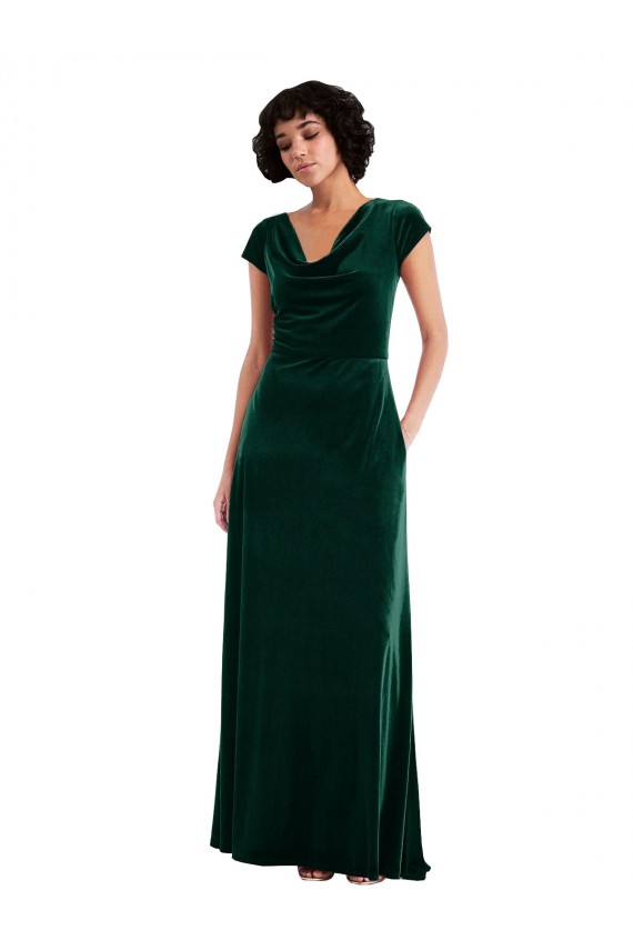 Cap Sleeves Cowl Neck Stretch Velvet Dark Green Long Black Tie Evening Gown / Prom Dress / Bridesmaid Dress Bath