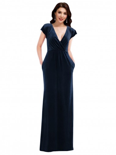 Flutter Sleeves V-Neck Stretch Velvet Dark Navy Long Formal Dress / Bridesmaid Dress Bath