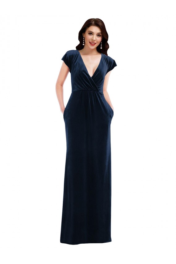 Flutter Sleeves V-Neck Stretch Velvet Dark Navy Long Formal Dress / Bridesmaid Dress Bath