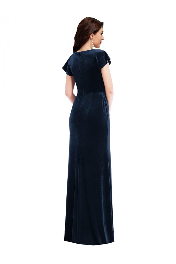 Flutter Sleeves V-Neck Stretch Velvet Dark Navy Long Formal Dress / Bridesmaid Dress Bath