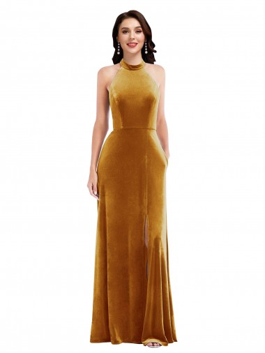 Sleeveless High Neck Stretch Velvet Gold Long Semi Formal Evening Dress / Prom Dress / Bridesmaid Dress Bath