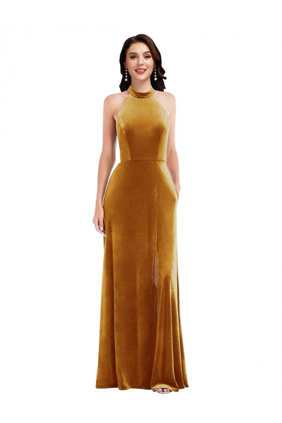 Sleeveless High Neck Stretch Velvet Gold Long Semi Formal Evening Dress / Prom Dress / Bridesmaid Dress Bath