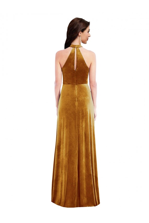 Sleeveless High Neck Stretch Velvet Gold Long Semi Formal Evening Dress / Prom Dress / Bridesmaid Dress Bath