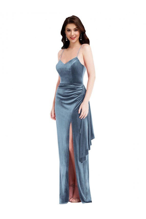 Sleeveless Sweetheart Stretch Velvet Dusty Blue Long Formal Evening Gown / Prom Dress / Bridesmaid Dress Bath