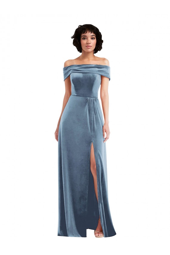 Sleeveless Off the Shoulder Stretch Velvet Dusty Blue Long Semi Formal Evening Dress / Prom Dress / Bridesmaid Dress Bath