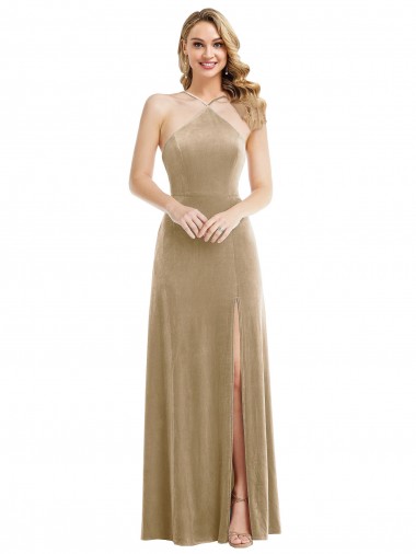 Sleeveless High Neck Stretch Velvet Champagne Long Semi Formal Evening Dress / Prom Dress / Bridesmaid Dress Bath