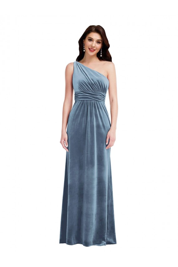 Sleeveless Off the Shoulder Stretch Velvet Dusty Blue Long Bridesmaid Dress / Evening Dress Bath