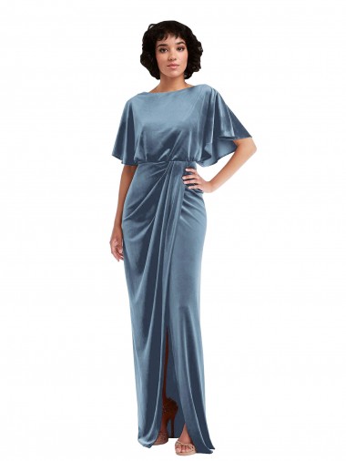 Flutter Sleeves Stretch Velvet Dusty Blue Long Semi Formal Evening Dress / Prom Dress / Bridesmaid Dress Bath