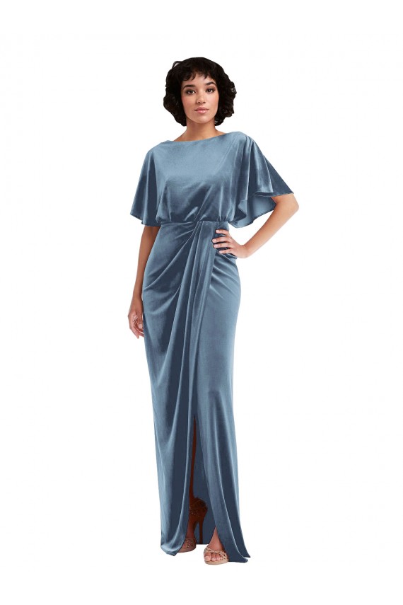 Flutter Sleeves Stretch Velvet Dusty Blue Long Semi Formal Evening Dress / Prom Dress / Bridesmaid Dress Bath