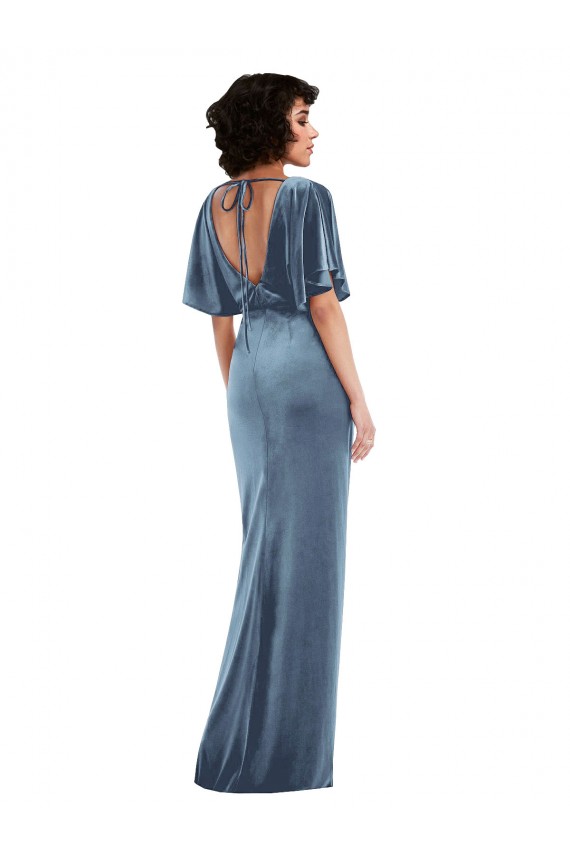 Flutter Sleeves Stretch Velvet Dusty Blue Long Semi Formal Evening Dress / Prom Dress / Bridesmaid Dress Bath
