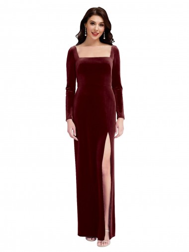 Long Sleeves Square Neck Stretch Velvet Burgundy Long Prom Dress / Bridesmaid Dress Bath