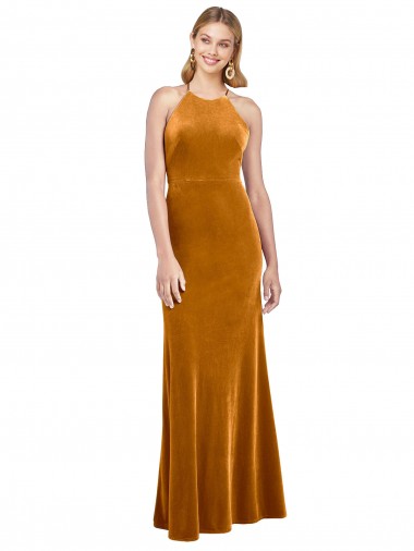 Sleeveless High Neck Stretch Velvet Gold Long Formal Evening Gown / Prom Dress / Bridesmaid Dress Bath