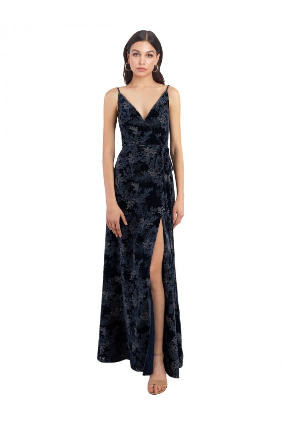 Sleeveless V-Neck Floral Velvet & Stretch Velvet Dark Navy Long Bridesmaid Dress Bath