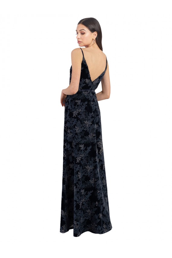 Sleeveless V-Neck Floral Velvet & Stretch Velvet Dark Navy Long Bridesmaid Dress Bath