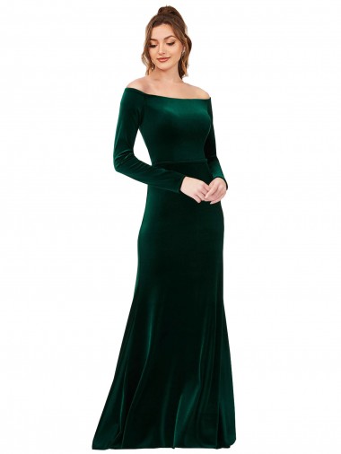 Long Sleeves Off the Shoulder Stretch Velvet Dark Green Long Formal Evening Gown / Prom Dress / Bridesmaid Dress Bath