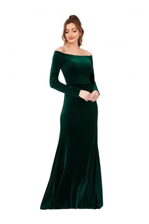 Long Sleeves Off the Shoulder Stretch Velvet Dark Green Long Formal Evening Gown / Prom Dress / Bridesmaid Dress Bath