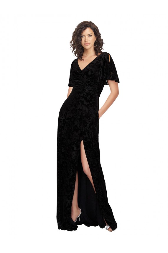 Short Split Sleeves V-Neck Floral Velvet & Stretch Velvet Black Long Bridesmaid Dress Bath