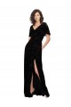 Short Split Sleeves V-Neck Floral Velvet & Stretch Velvet Black Long Bridesmaid Dress Bath