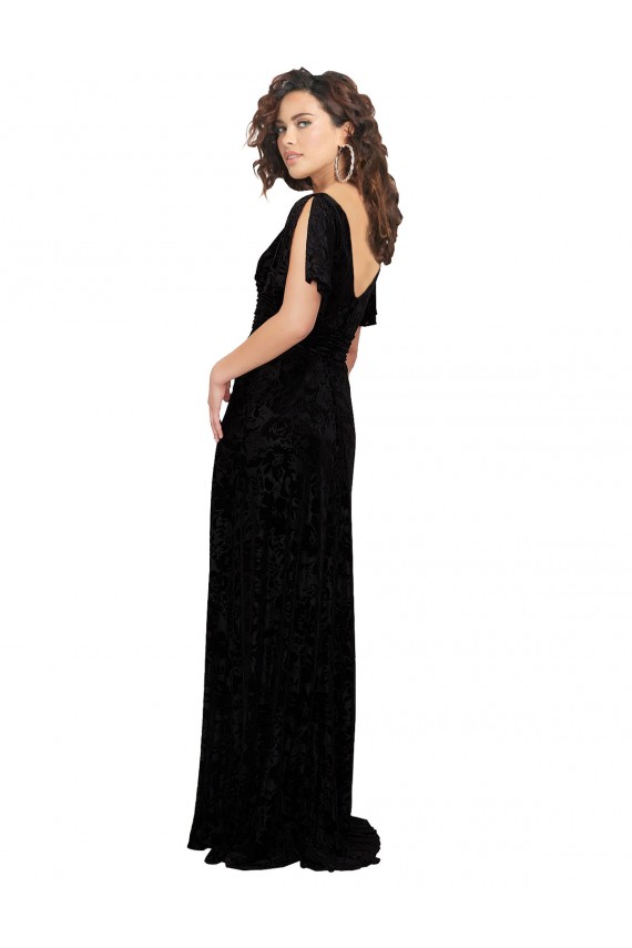 Short Split Sleeves V-Neck Floral Velvet & Stretch Velvet Black Long Bridesmaid Dress Bath