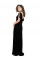 Short Split Sleeves V-Neck Floral Velvet & Stretch Velvet Black Long Bridesmaid Dress Bath