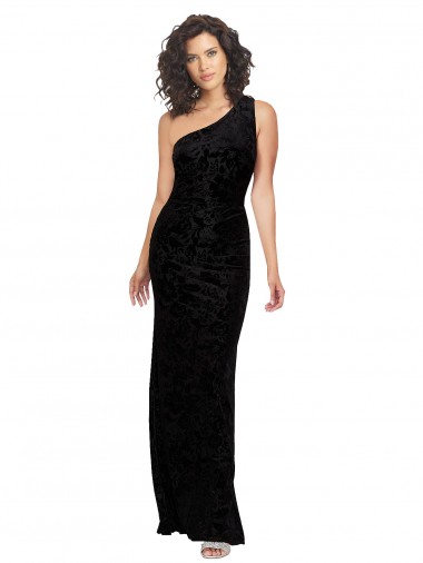 Sleeveless One Shoulder Floral Velvet & Stretch Velvet Black Long Bridesmaid Dresses Bath