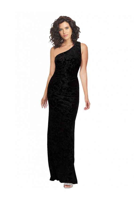 Sleeveless One Shoulder Floral Velvet & Stretch Velvet Black Long Bridesmaid Dresses Bath