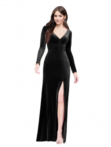 Long Sleeves V-Neck Stretch Velvet Black Long Formal Evening Gown / Prom Dress / Bridesmaid Dress Bath