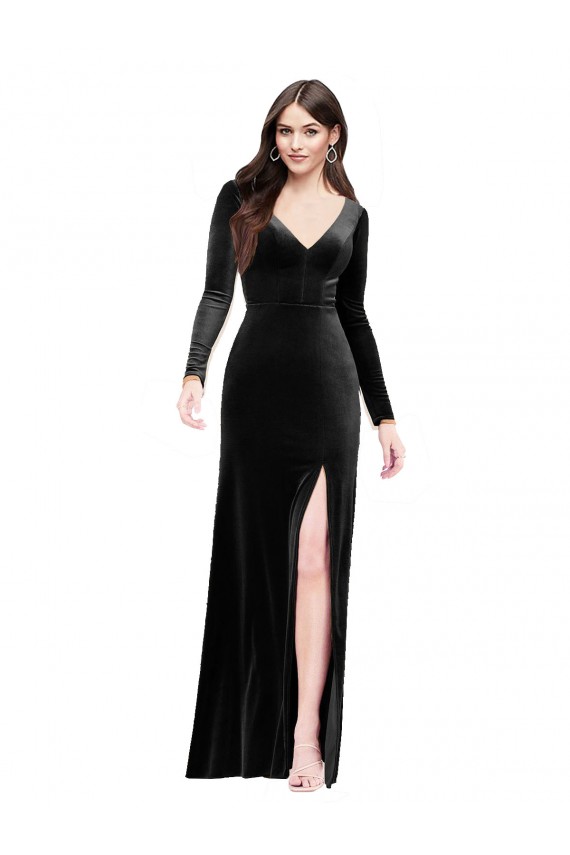 Long Sleeves V-Neck Stretch Velvet Black Long Formal Evening Gown / Prom Dress / Bridesmaid Dress Bath