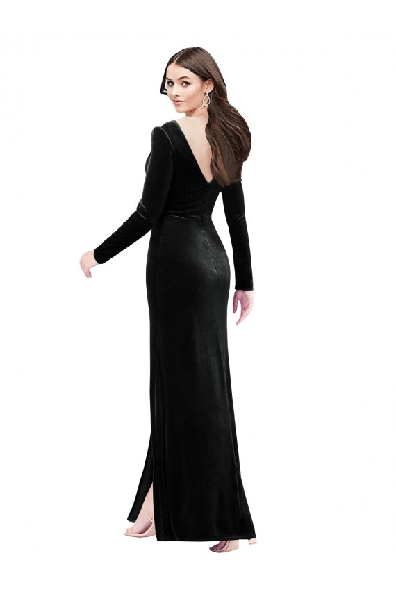 Long Sleeves V-Neck Stretch Velvet Black Long Formal Evening Gown / Prom Dress / Bridesmaid Dress Bath