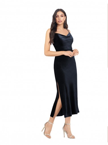 Sleeveless Cowl Neck Stretch Velvet Dark Navy Midi Length Formal Evening Gown / Prom Dress / Bridesmaid Dress Bath