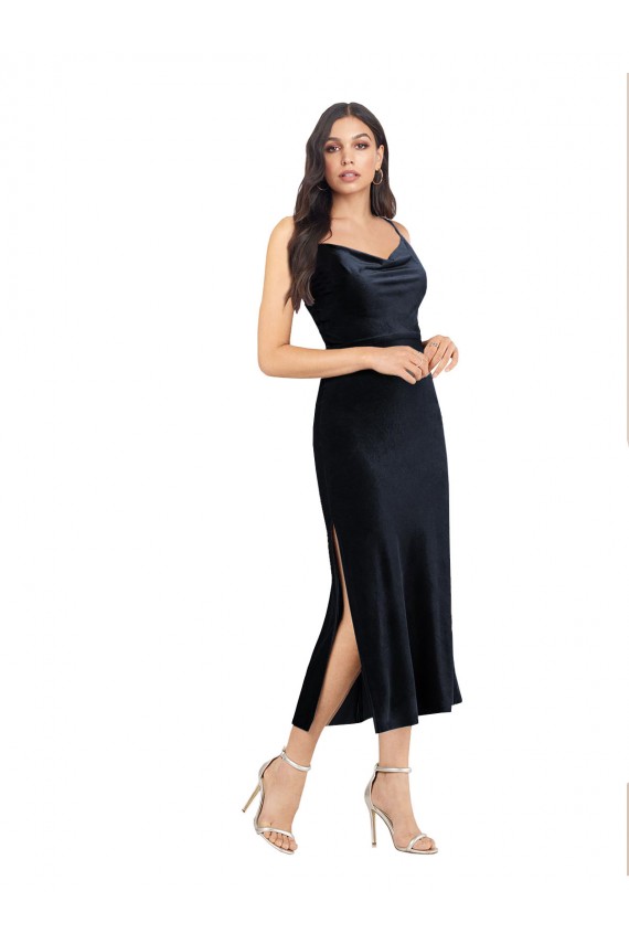 Sleeveless Cowl Neck Stretch Velvet Dark Navy Midi Length Formal Evening Gown / Prom Dress / Bridesmaid Dress Bath