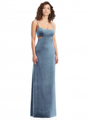 Sleeveless Square Neck Stretch Velvet Dusty Blue Long Formal Evening Gown / Prom Dress / Bridesmaid Dress Bath