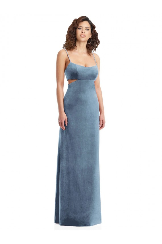 Sleeveless Square Neck Stretch Velvet Dusty Blue Long Formal Evening Gown / Prom Dress / Bridesmaid Dress Bath