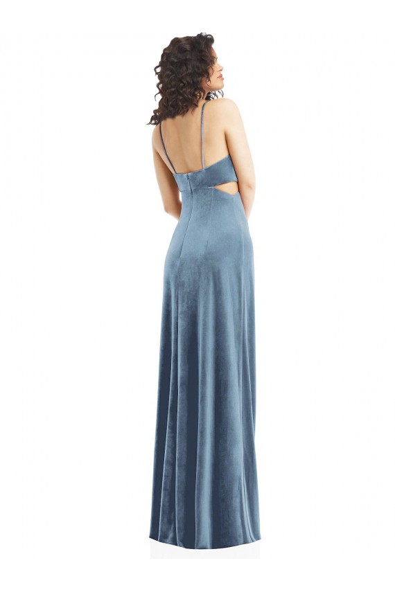 Sleeveless Square Neck Stretch Velvet Dusty Blue Long Formal Evening Gown / Prom Dress / Bridesmaid Dress Bath