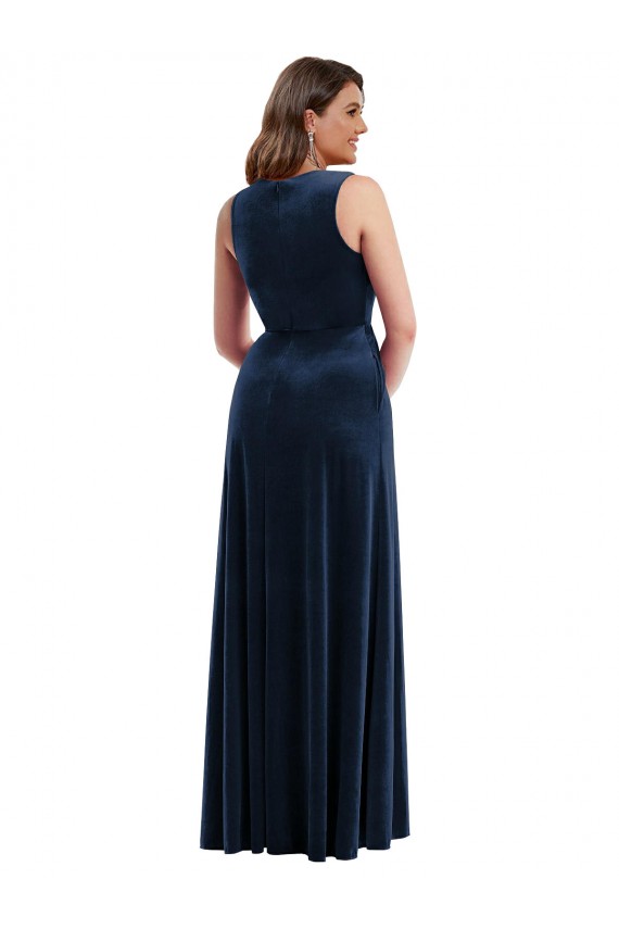 Sleeveless V-Neck Stretch Velvet Dark Navy Long Formal Plus Size Evening Gown / Prom Dress / Bridesmaid Dress Bath