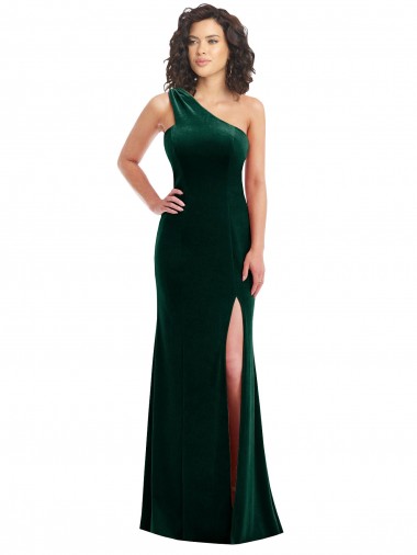 Sleeveless One Shoulder Stretch Velvet Dark Green Long Black Tie Prom Dress / Bridesmaid Dress Bath