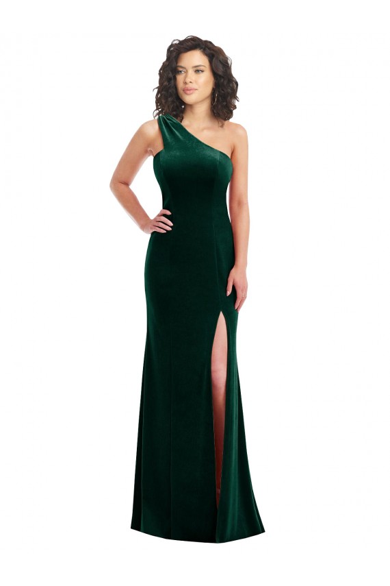 Sleeveless One Shoulder Stretch Velvet Dark Green Long Black Tie Prom Dress / Bridesmaid Dress Bath