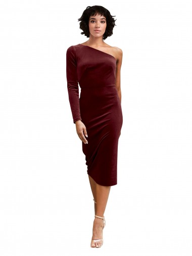 Long Sleeves One Shoulder Stretch Velvet Burgundy Midi Length Black Tie Prom Dress / Bridesmaid Dress Bath
