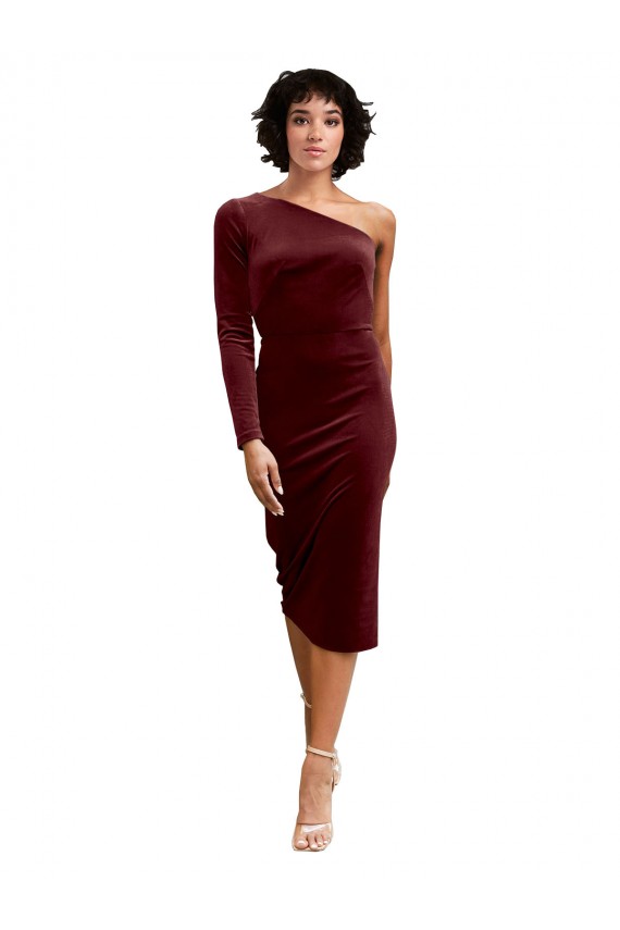 Long Sleeves One Shoulder Stretch Velvet Burgundy Midi Length Black Tie Prom Dress / Bridesmaid Dress Bath