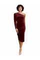Long Sleeves One Shoulder Stretch Velvet Burgundy Midi Length Black Tie Prom Dress / Bridesmaid Dress Bath