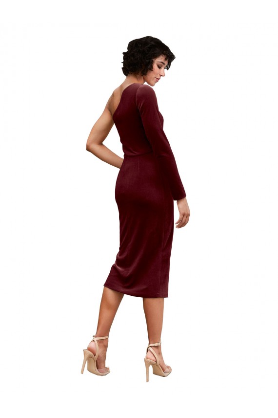 Long Sleeves One Shoulder Stretch Velvet Burgundy Midi Length Black Tie Prom Dress / Bridesmaid Dress Bath