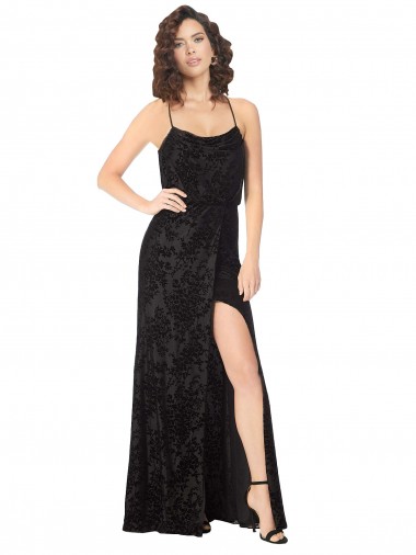 Sleeveless Cowl Neck Floral Velvet & Stretch Velvet Black Long Bridesmaid Dress Bath