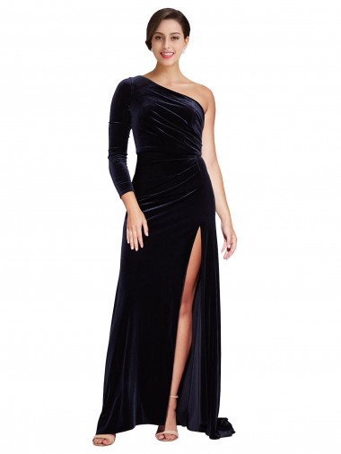 Long Sleeves One Shoulder Stretch Velvet Dark Navy Sweep Train Formal Evening Gown / Prom Dress / Bridesmaid Dress Bath