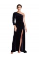Long Sleeves One Shoulder Stretch Velvet Dark Navy Sweep Train Formal Evening Gown / Prom Dress / Bridesmaid Dress Bath