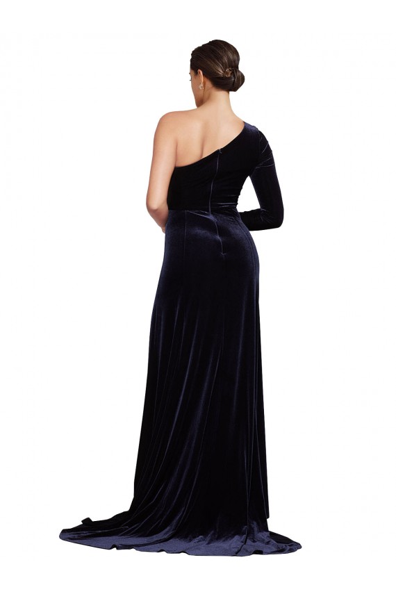 Long Sleeves One Shoulder Stretch Velvet Dark Navy Sweep Train Formal Evening Gown / Prom Dress / Bridesmaid Dress Bath