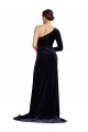 Long Sleeves One Shoulder Stretch Velvet Dark Navy Sweep Train Formal Evening Gown / Prom Dress / Bridesmaid Dress Bath