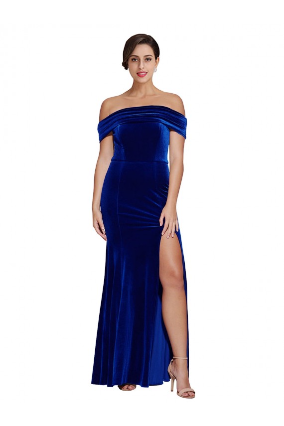 Sleeveless Off the Shoulder Stretch Velvet Royal Blue Long Formal Evening Gown / Prom Dress / Bridesmaid Dress Bath
